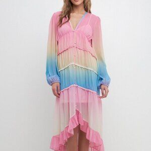 Free The Roses Tie Dye Print Ruffle Trim Hi Lo Dress